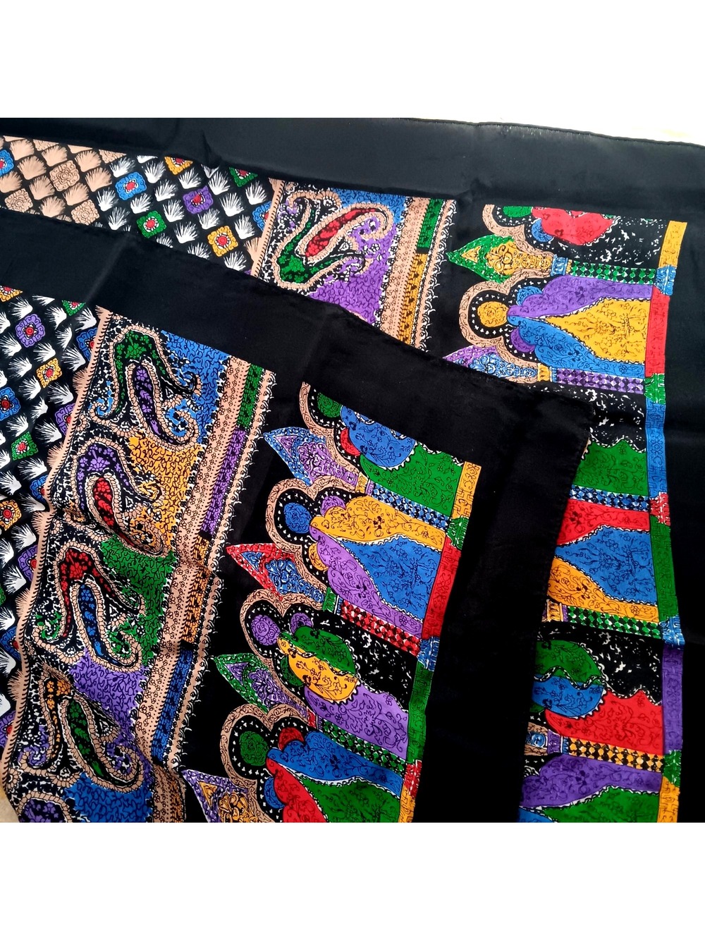 Cathedral Multicolor Vintage Silk Scarf Indian Intricate Geometric 31x31"